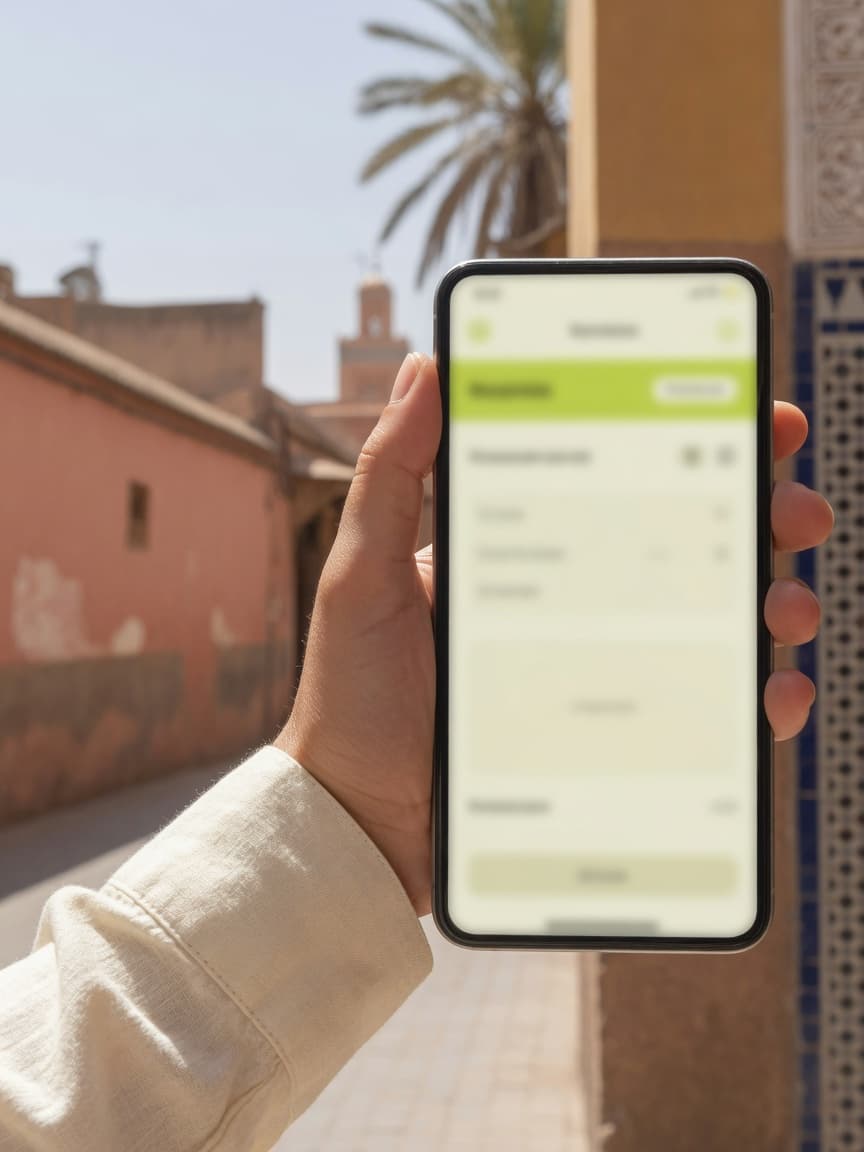 Téléphone en main dans une ruelle de Marrakech.