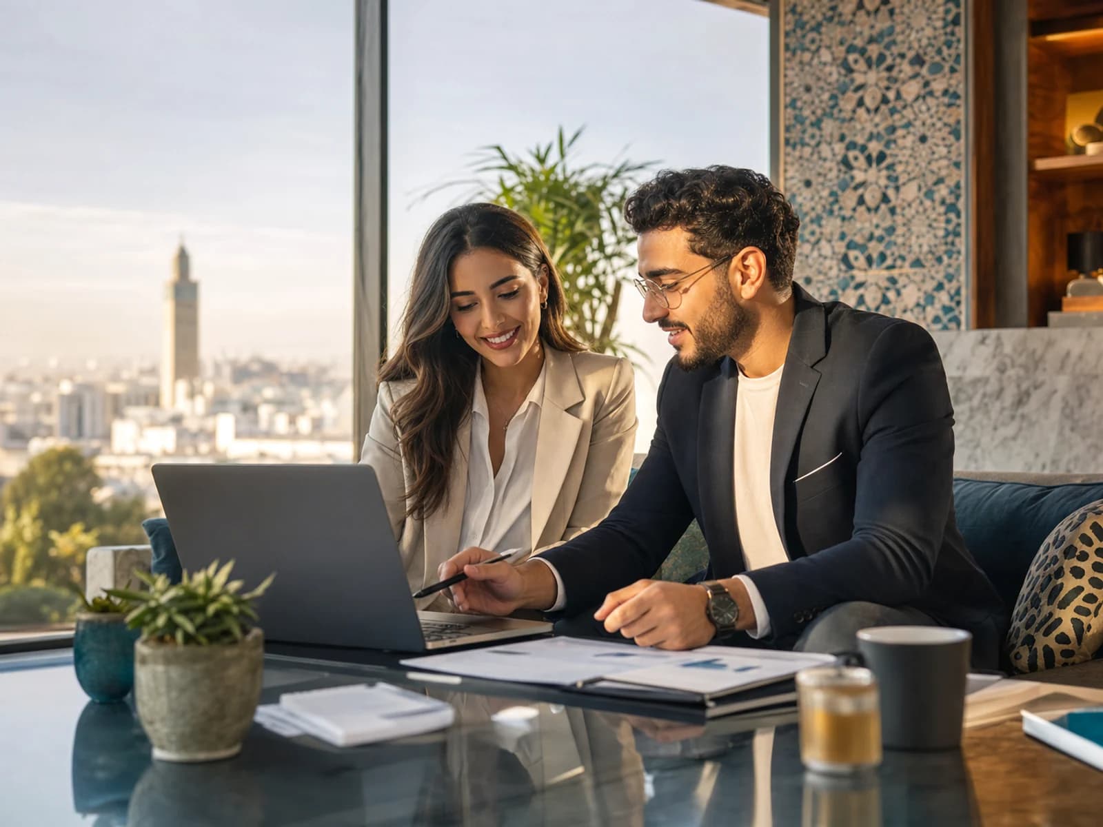 Moroccan entrepreneurs collaborating in a modern Marrakech co-working space