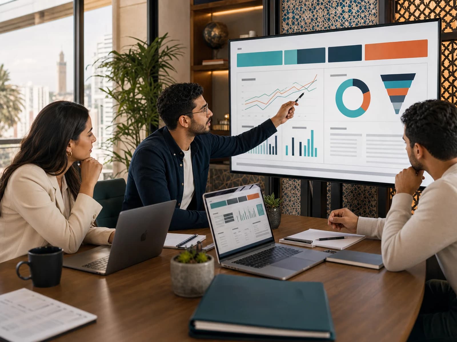 Digital marketing analyst reviewing campaign ROAS analytics in a Moroccan creative agency