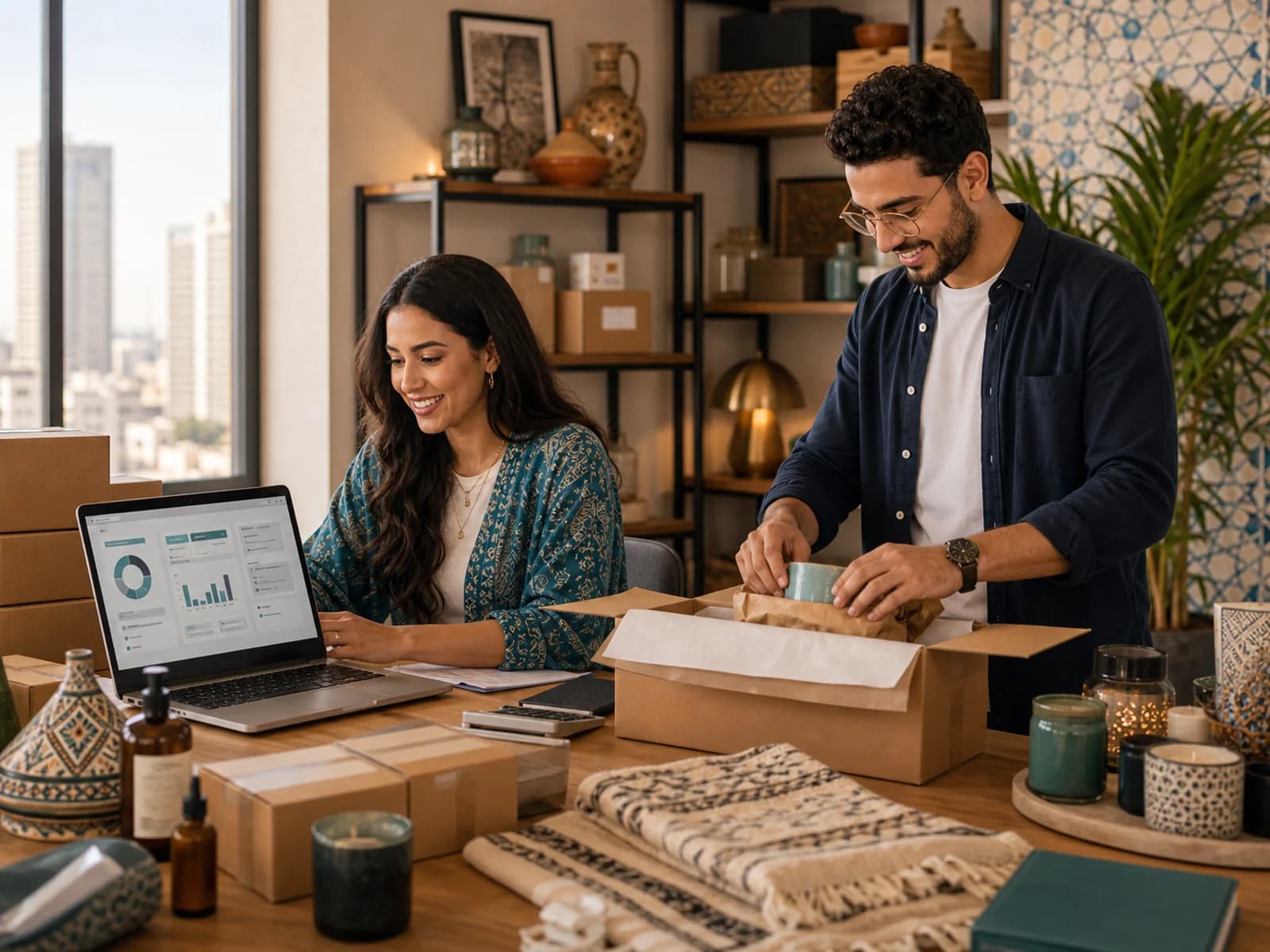Moroccan e-commerce entrepreneur packing parcels with a Shopify store dashboard