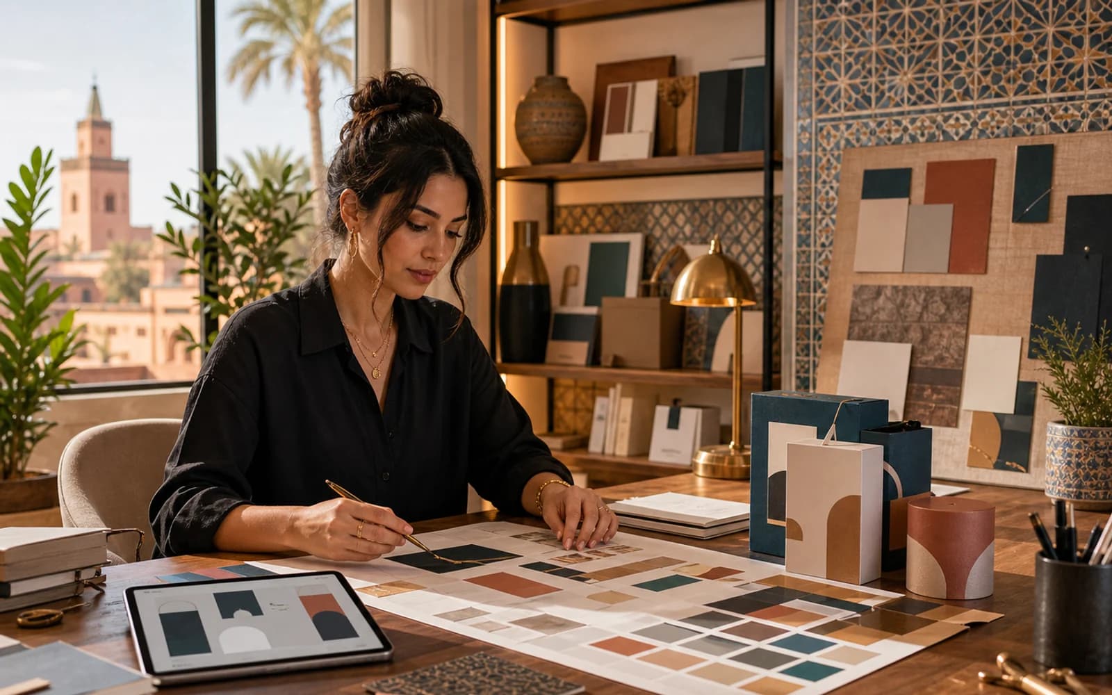 Graphic designer creating brand identity in a Marrakech design studio